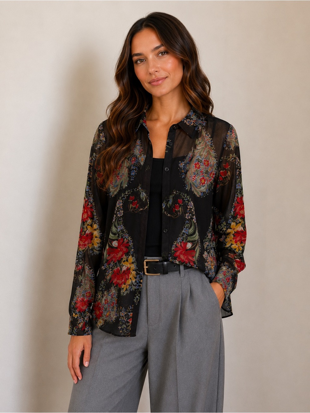 CAbi Black Sheer Floral Paisley Button-Down Shirt